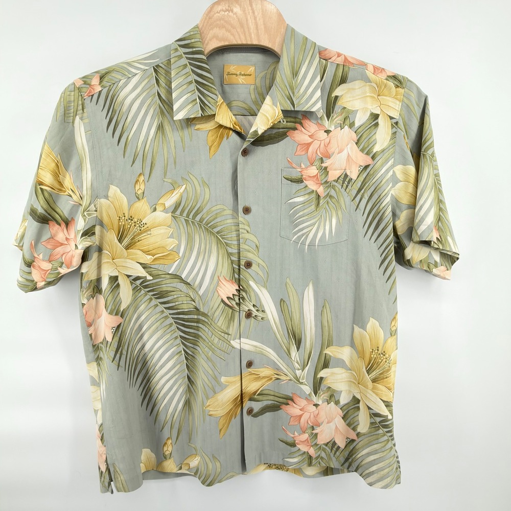 Tommy Bahama Button Up Shirt Mens XL Sage Green Silk Tropical Floral Camp 2367